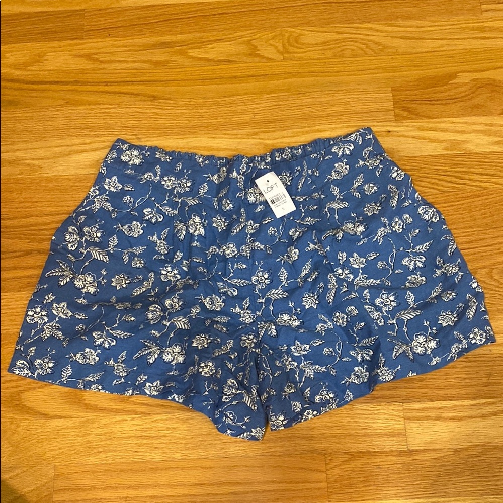 LOFT Blue and White High Waist Floral Linen Shorts